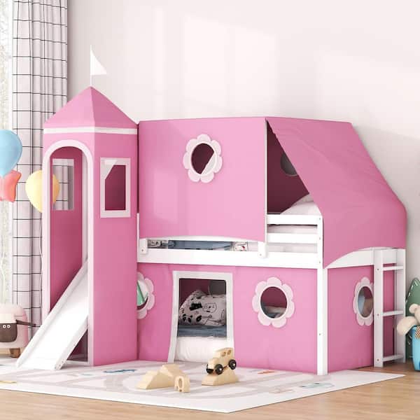 Harper & Bright Designs Pink Twin Size Wood Bunk Bed with Slide, Tent, Tower and Flower Windows