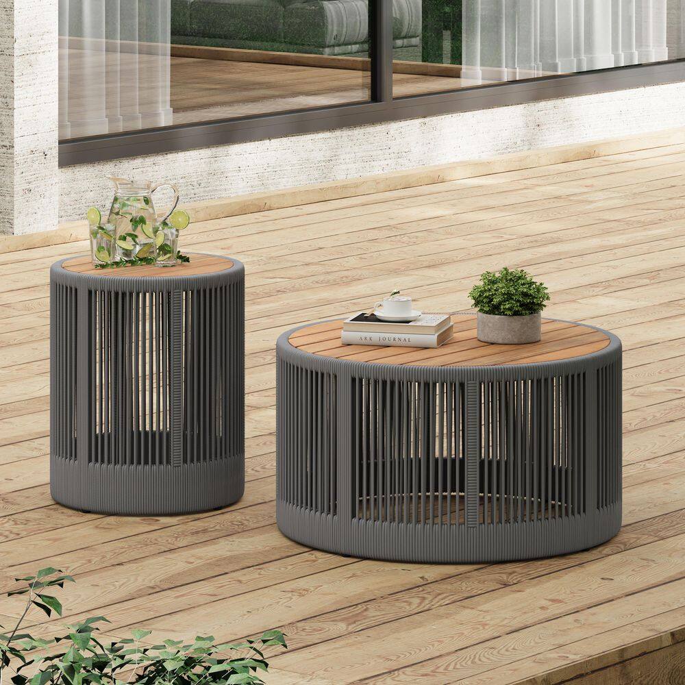 Sadie Rustic Patio Metal & Rattan Rope Round Outdoor Coffee and Side Table Set, Solid Wood Tabletop, Teak Finish + Grey