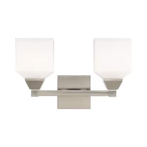Lansford 15 in. 2-Light Brushed Nickel Vanity Light with Satin Opal White Glass