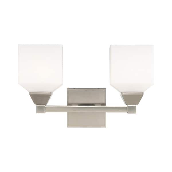 Livex Lighting Lansford 15 in. 2-Light Brushed Nickel Vanity Light with Satin Opal White Glass