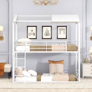 White Twin over Twin Bunk Bed Metal Bed with Wood Roof, Guardrail and Ladder, Playhouse Bed with Headboard for Kids