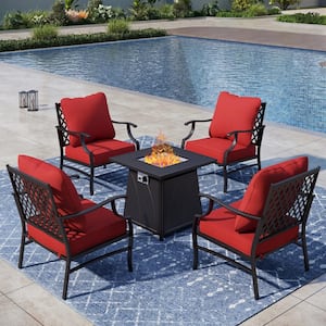 Black Metal Meshed 4 Seat 5-Piece Steel Outdoor Patio Conversation Set with Red Cushions Square Fire Pit Table