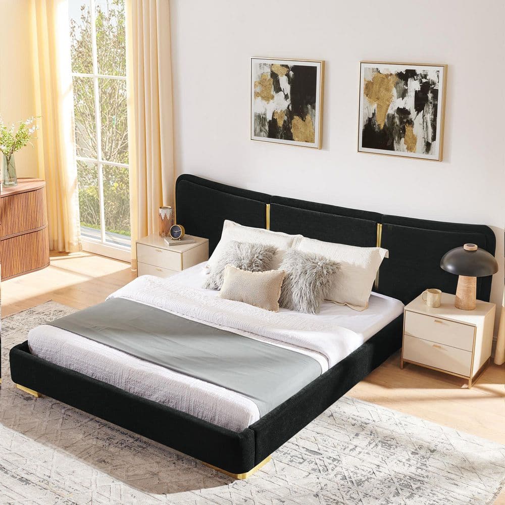 Seeds Black Wood Frame Queen Size Platform Bed with Curved Headboard, Reinforced Electroplated Metal Legs price history on PriceWatchPro