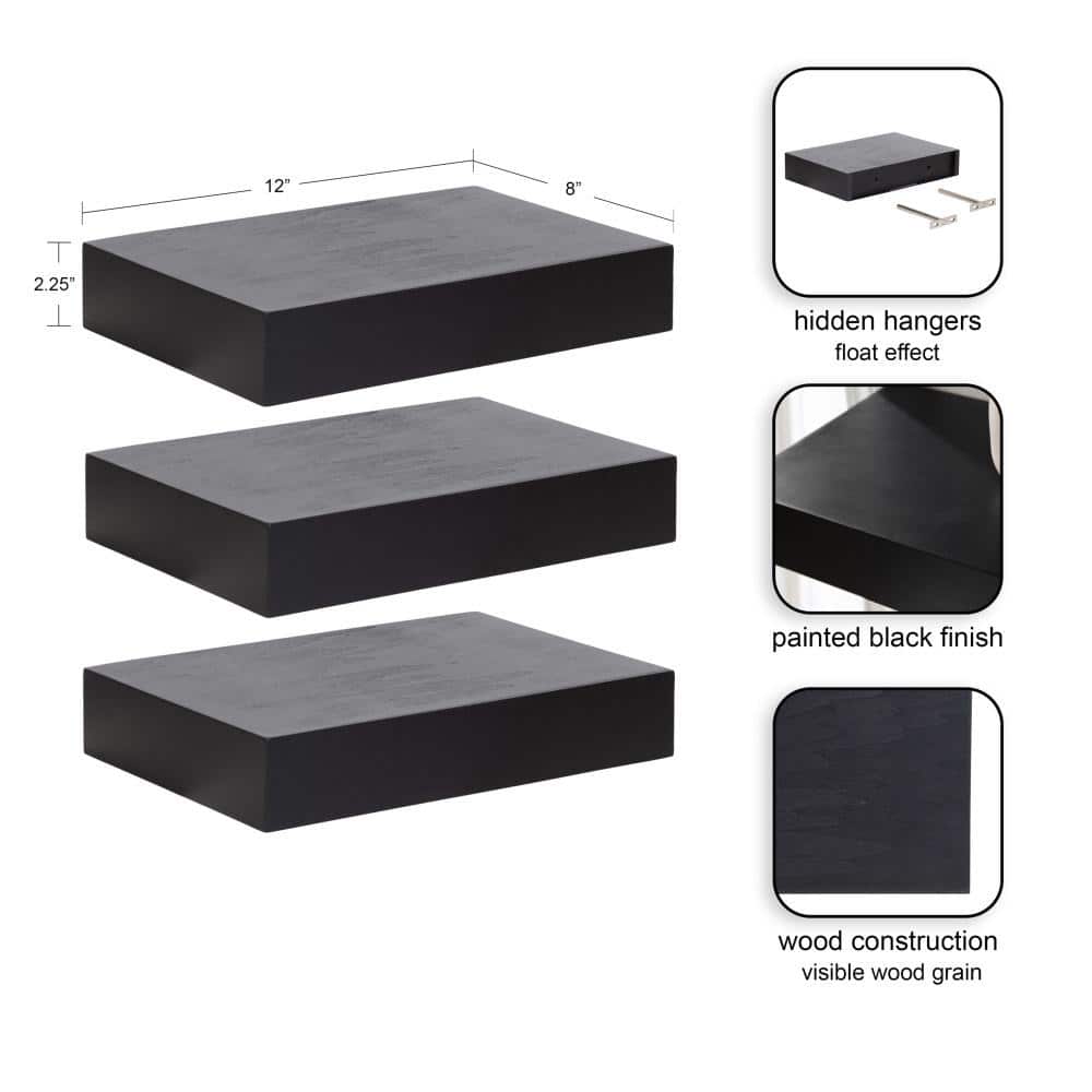 Havlock Black Wood 12" Floating Accent Shelves, Set of 3