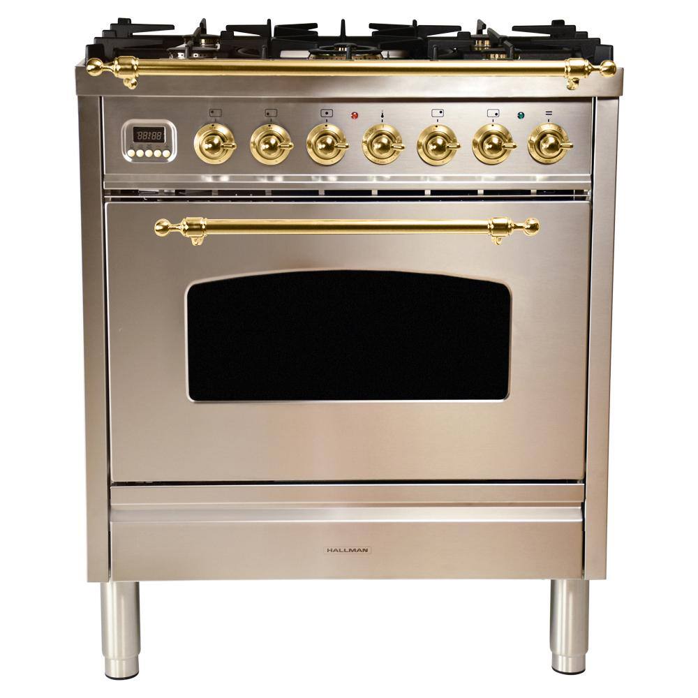 Hallman 30 in. 3.0 cu. ft. Single Oven Dual Fuel Italian Range with True Convection, 5 Burners, Brass Trim in Stainless Steel, Silver