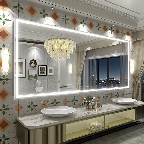 88 in. W x 38 in. H Rectangular Frameless 192 LEDs/m Front Lighted Anti-Fog Tempered Glass Wall Bathroom Vanity Mirror