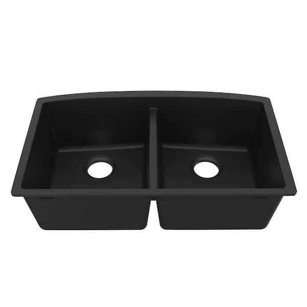Undermount Quartz/Granite Composite 32 in. 50/50 Double Bowl Kitchen Sink in Black