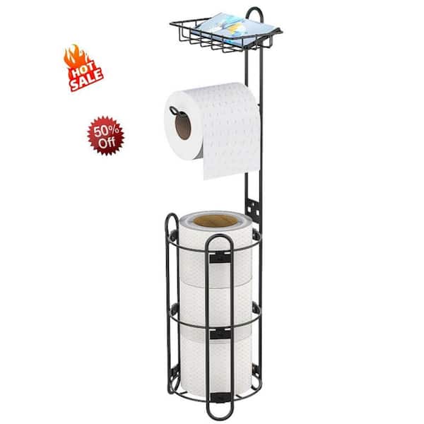 Toilet Paper Holder Stand, Stainless Steel Rustproof Tissue Roll Holder Floor Stand Storage in Black