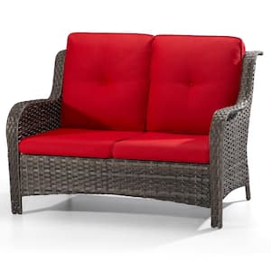 Brown Wicker Outdoor Couch Patio Loveseat Deep Seating with Red Cushions