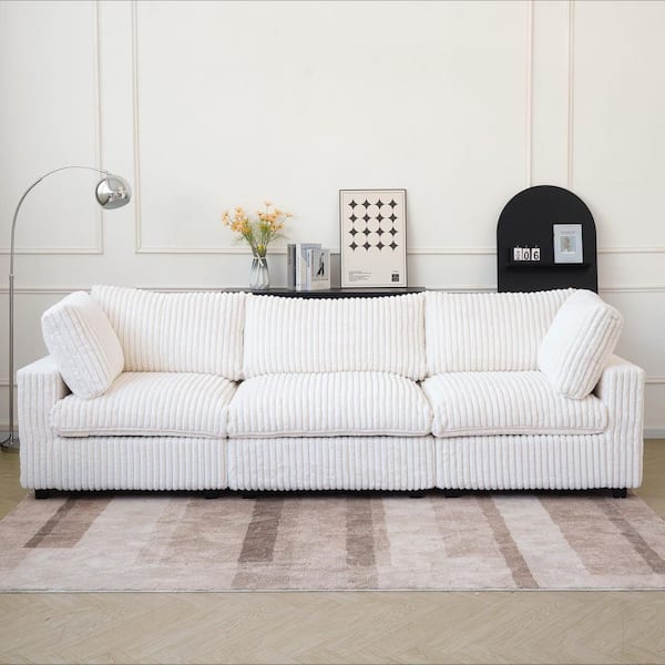 118in. Square Arm Soft Faux Rabbit Fur Velvet Oversized 3-Piece Modern Comfy Cloud Modular Sectional Sofa Couch in Beige