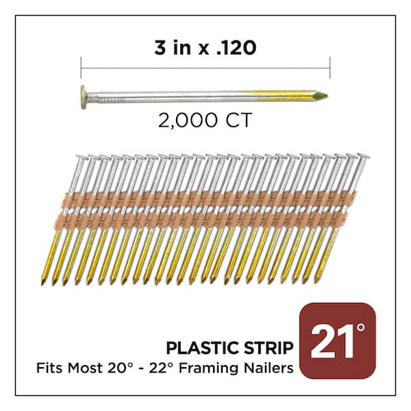 3 in. x 0.120 21-Degree Hot Dipped Galvanized Smooth Shank Plastic Strip Framing Nails (2000 -Per Box)