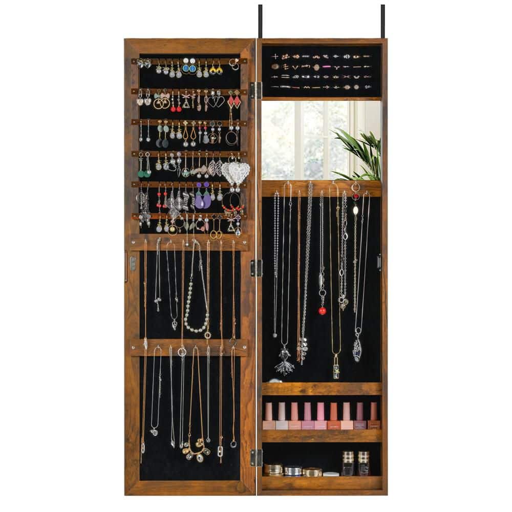 Costway Rustic Brown Wooden Wall Mounted Door Hanging Jewelry Box