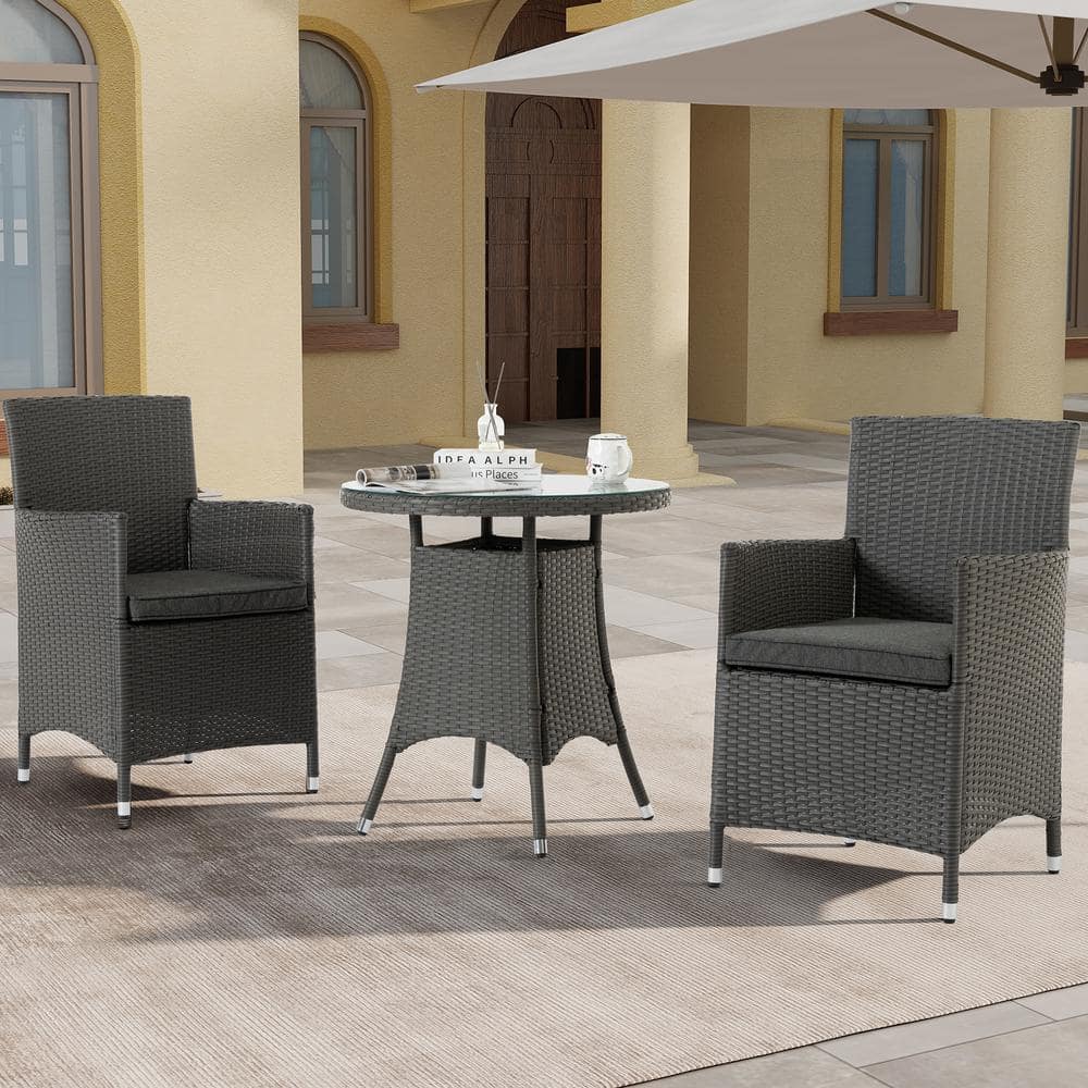 Gray 3-Piece All-Weather Wicker Outdoor Bistro Set with Gray Cushion and Ro