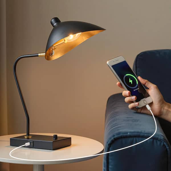 18.25 in. Black Task Desk Lamp with USB Port, Adjustable Head, and Gold Interior Shade