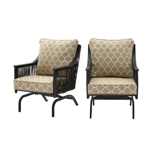 Hampton Bay Bayhurst Black Wicker Outdoor Patio Rocking Lounge Chair with CushionGuard Toffee Trellis Tan Cushions (2-Pack)