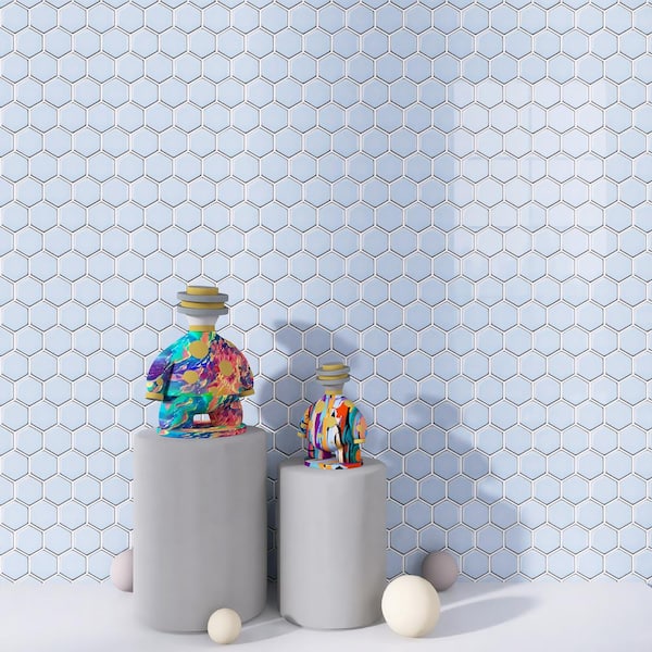 Porcetile Hex Sky Blue 10.24 in. x 11.82 in. Hexagon Glossy Porcelain Mosaic Wall and Floor Tile (8.4 sq. ft./Case)