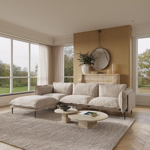 111.02 in. Square Arm 4-Piece Cloud Velvet L-Shaped Down Feather Oversized Sectional Sofa with Ottoman in. Light Brown