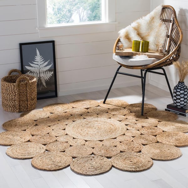 Natural Fiber Beige Doormat 3 ft. x 3 ft. Round Floral Area Rug