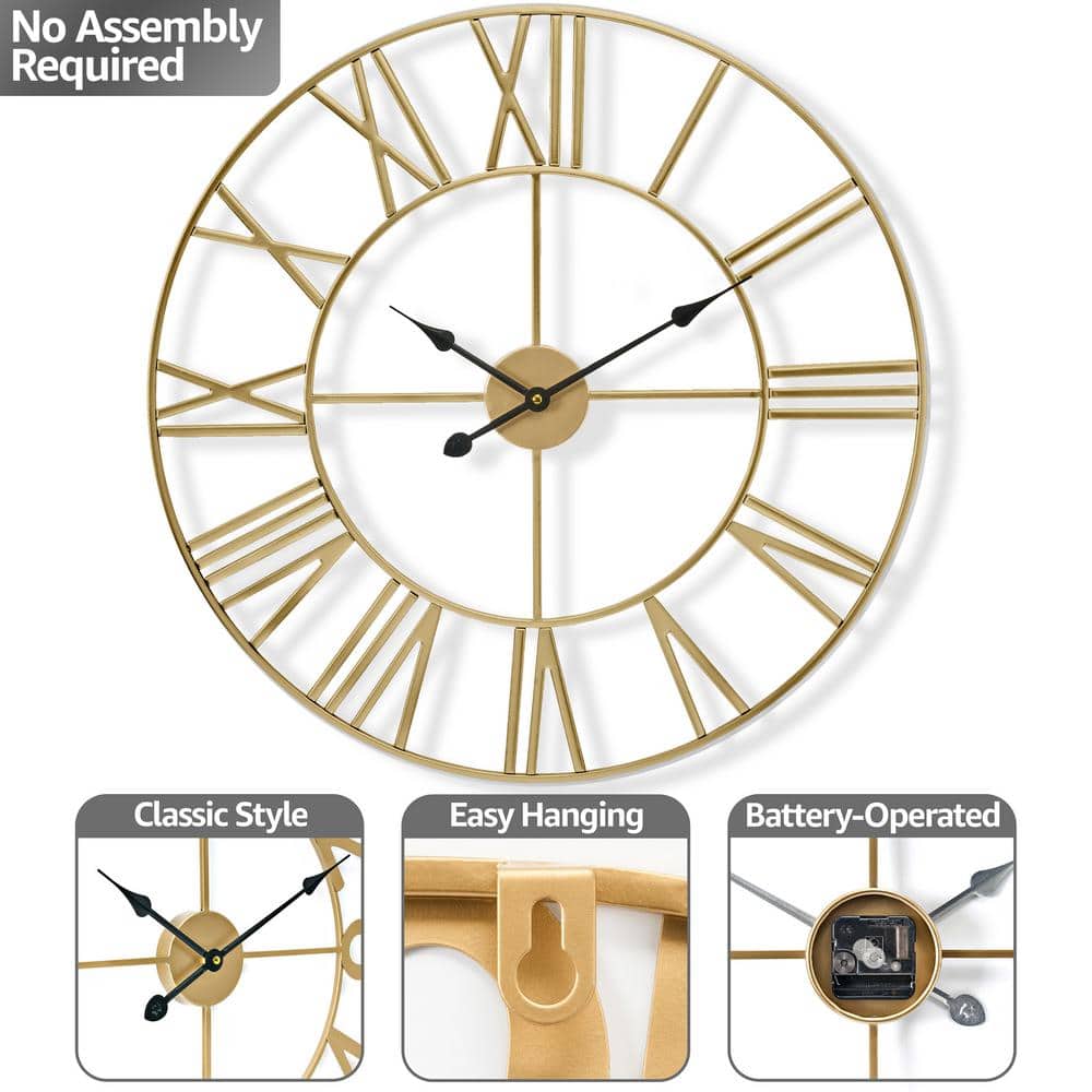 Oversized Gold Metal Roman Numeral Wall Clock