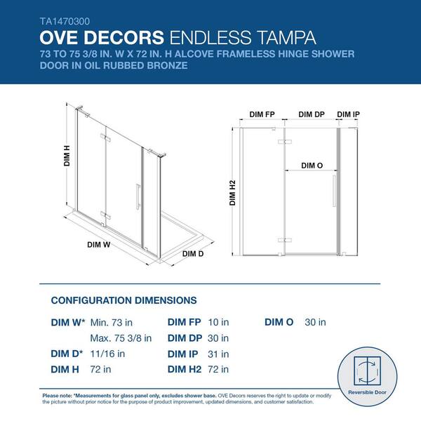 Ove Decors Tampa 75 3 8 In W X 72 In H Alcove Frameless Hinge Shower Door In Oil Rubbed Bronze The Home Depot