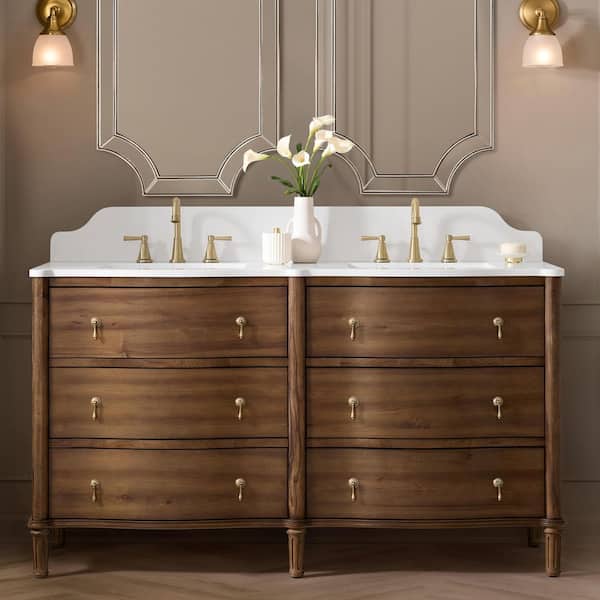Guildhall 61 in. Double Sink Freestanding Bathroom Vanity in Warm Walnut with White Quartz Top (Assembled)