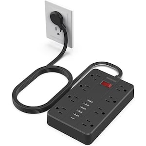 5 ft. Power Strip Surge Protector with Flat Plug, 8-Outlets and 6-USB Ports (1-USB-C), Wall Mountable in Black