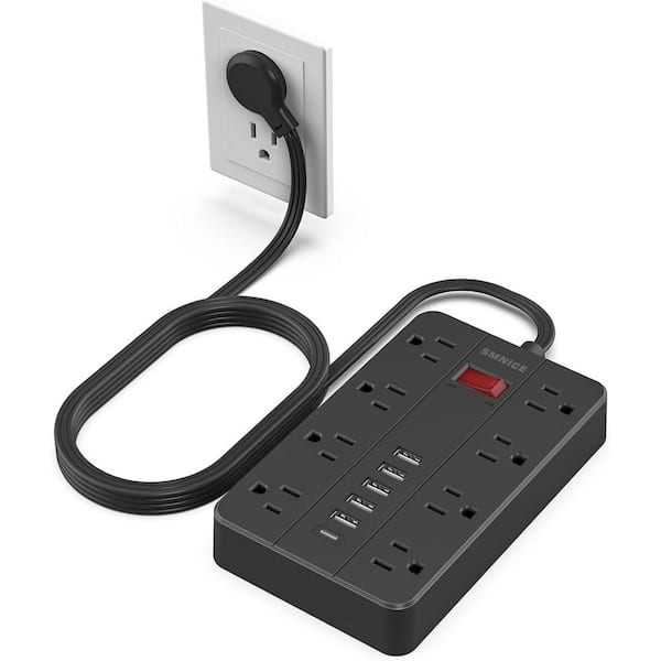 Lukyamzn 5 ft. Power Strip Surge Protector with Flat Plug, 8-Outlets and 6-USB Ports (1-USB-C), Wall Mountable in Black