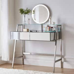 2-Drawers Silver Makeup Vanity Table Wooden Dressing Desk with Mirror, Open Shelf, Charging Station