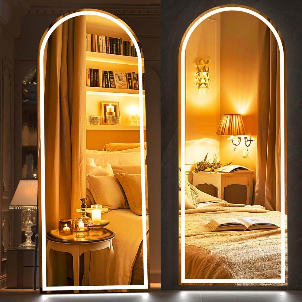 33 in. W x 81 in. H Black Frame Arch LED Full-Length Mirror, Adjustable Bri
