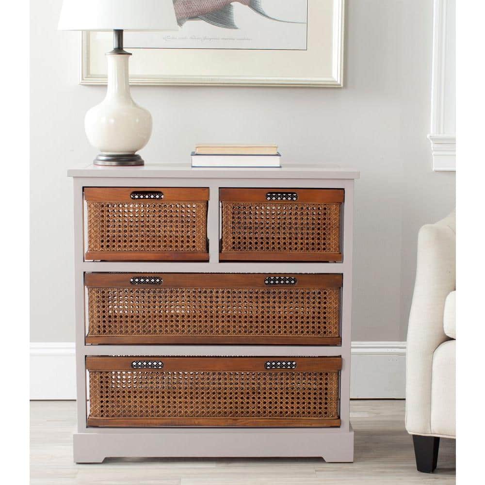 Transitional White Pine 4-Drawer Storage Cabinet with Cane Baskets
