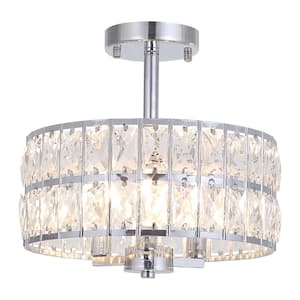 12.59 in. Koyal 3-Light Round Chrome Drum Chandelier Semi Flush Mount Ceiling Light with Clear Crystal Glass Drum Shade