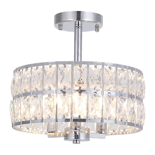 LWYTJO 12.59 in. Koyal 3-Light Round Chrome Drum Chandelier Semi Flush Mount Ceiling Light with Clear Crystal Glass Drum Shade