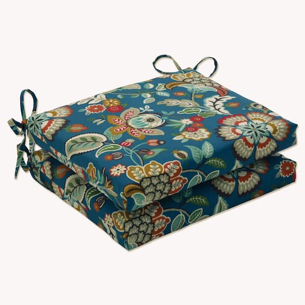Pillow Perfect Floral 18.5 in. x 16 in. Outdoor Dining Chair Cushion in Blue/Tan (Set of 2)