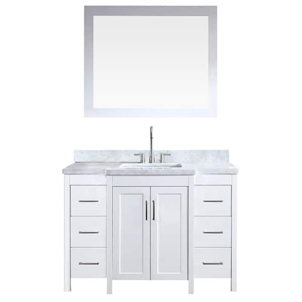 ARIEL Hollandale 49 in. W x 22 in. D x 36 in. H Bath Vanity in White with Carrara White Marble Top and Mirror