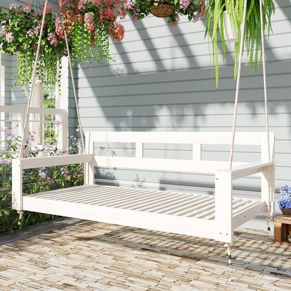 Patio white 2-Person Teak Wood Porch Swing with Ropes
