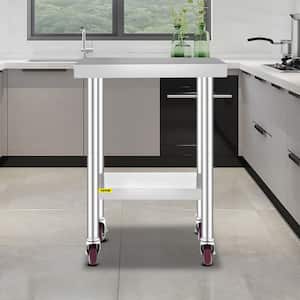 Kitchen Prep Table 24 x 18.1 x 33.9 in. Stainless Steel Rolling Table with Wheels and Brake Kitchen Utility Table,Silver