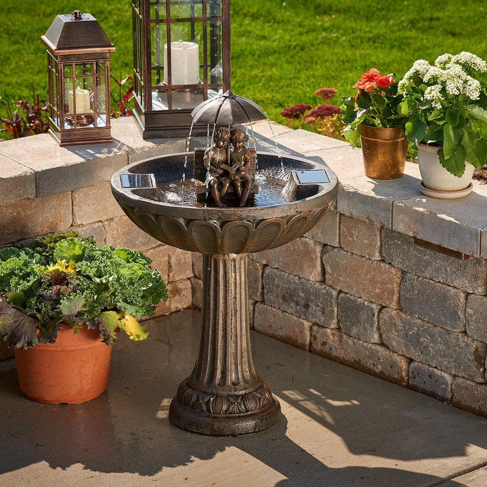 Aged Bronze Solar Powered Fountain with Boy and Girl Reading