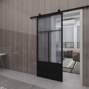 Nation 37 in. x 84 in. 3/4 Lite Frosted Glass Black Metal Finish Sliding Barn Door with Hardware Kit