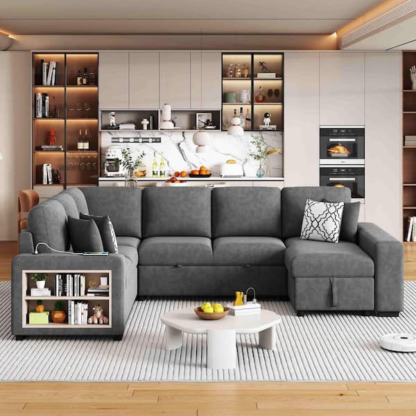 109 in. Square Arm Chenille Sectional Sofa with 2 USB Ports, a Storage Chaise Lounge and Four Back Pillows in. Gray