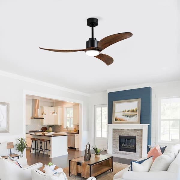 52 in. Black Metal Housing and Brown Wood Blades Downrod Mount Ceiling Fan with Lights and Remote Control, DC Motor