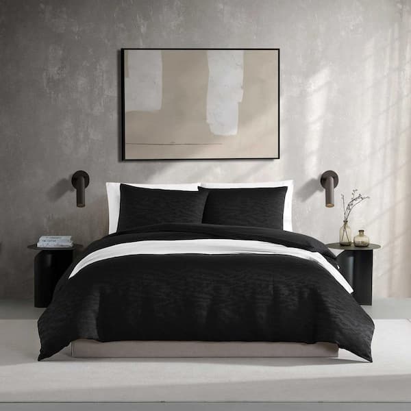 VERA WANG Illusion Black 3-Piece Plain Weave Polyester Queen Reversible Comforter Sham Set