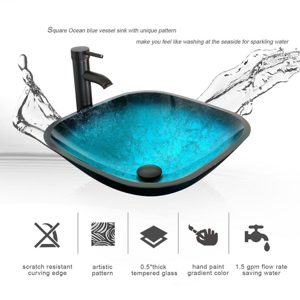 Turquoise Glass Above-Counter Vessel Sink with Faucet and Drain