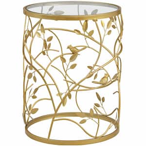 16.5 in. x 16.5 in. x 22 in. Round Metal Gold Large Bird and Branches Side Table