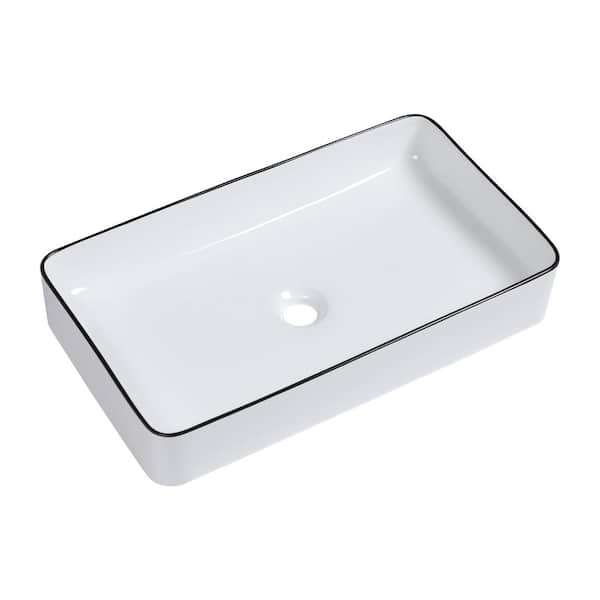 LORDEAR 24 in. W x 14 in. D x 4 in. H Bathroom Rectangular Ceramic Vessel Sink Single Bowl with Black Trim in White