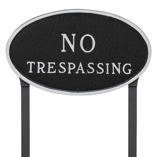 Montague Metal Products 10 in. x 18 in. Large Oval No Trespassing Statement Plaque Sign with 23 in. Lawn Stakes, Black with Silver Lettering