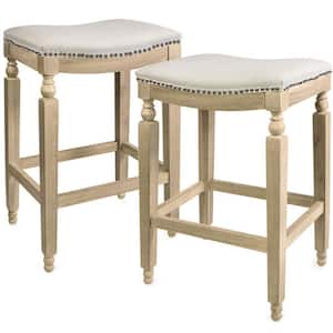 28 in. Beige Classic Isabel Bar Stool Saddle Counter Height Footrest Bar Stool Chairs (Set of 2)