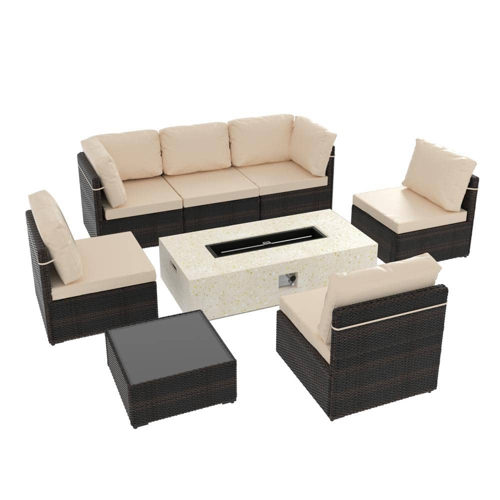 8-Pieces Wicker Patio Furniture Set with Gas Propane Concrete Fire Pit Table with Coffee Table and Cushions, Beige -  UPHA, TBSF-ABC-B56MH