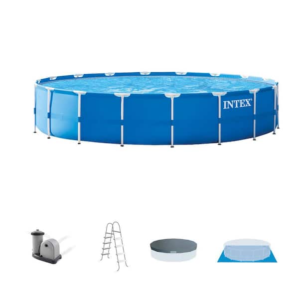 Intex 18 ft. W x 4 ft. Round Metal Frame Above Ground Swimming Pool Set Pump, Ladder and Cover