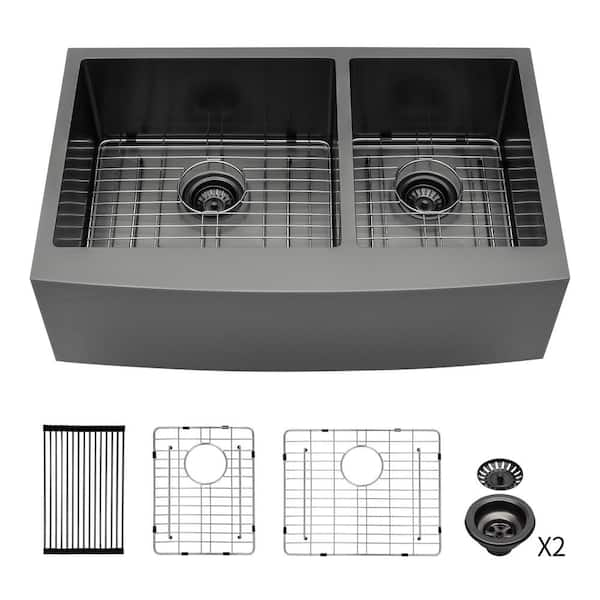 RAINLEX 33 in. L x 21 in. W Farmhouse Apron Front Double Bowls 16 Gauge Stainless Steel Kitchen Sink in Gunmetal Black