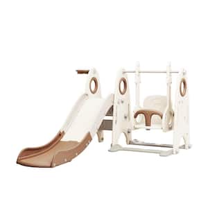 Coffee Brown 4-in-1 HDPE Indoor/Outdoor Playground Playset Kids Swing Set with Toddler Slide Climber and Basketball Hoop